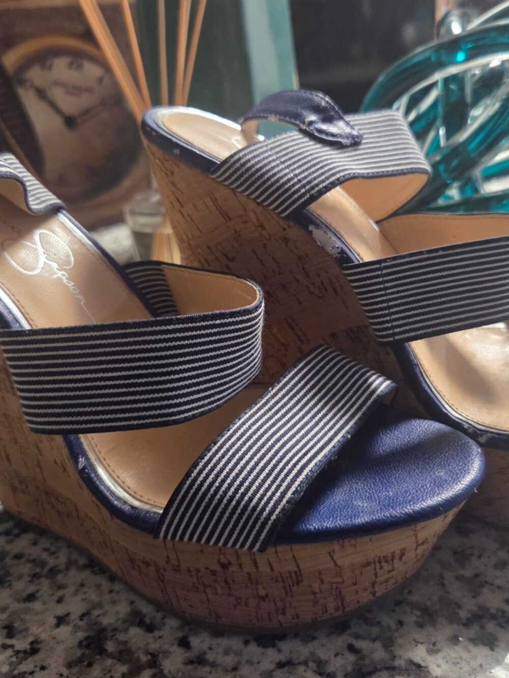 Jessica Simpson Navy Striped Wedge Sandals – Women’s 7.5 | Cork Wedge | Summer